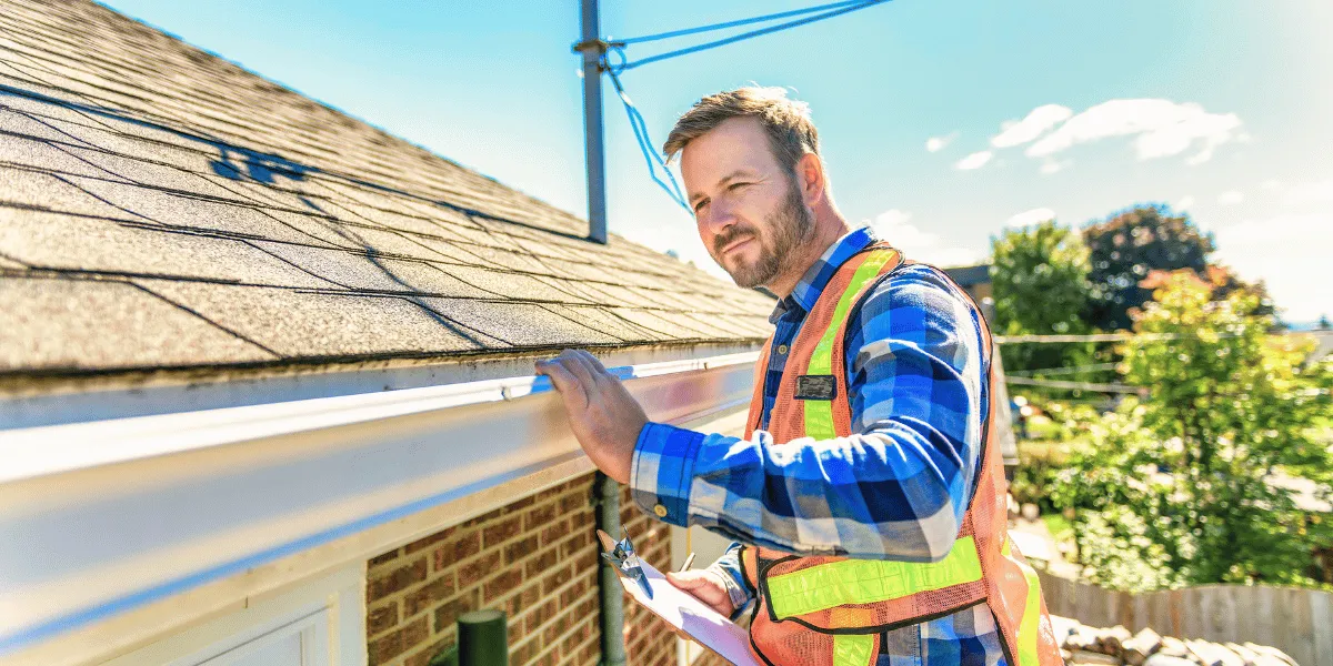 Certified roof inspector examining shingle condition, flashing integrity, and drainage patterns